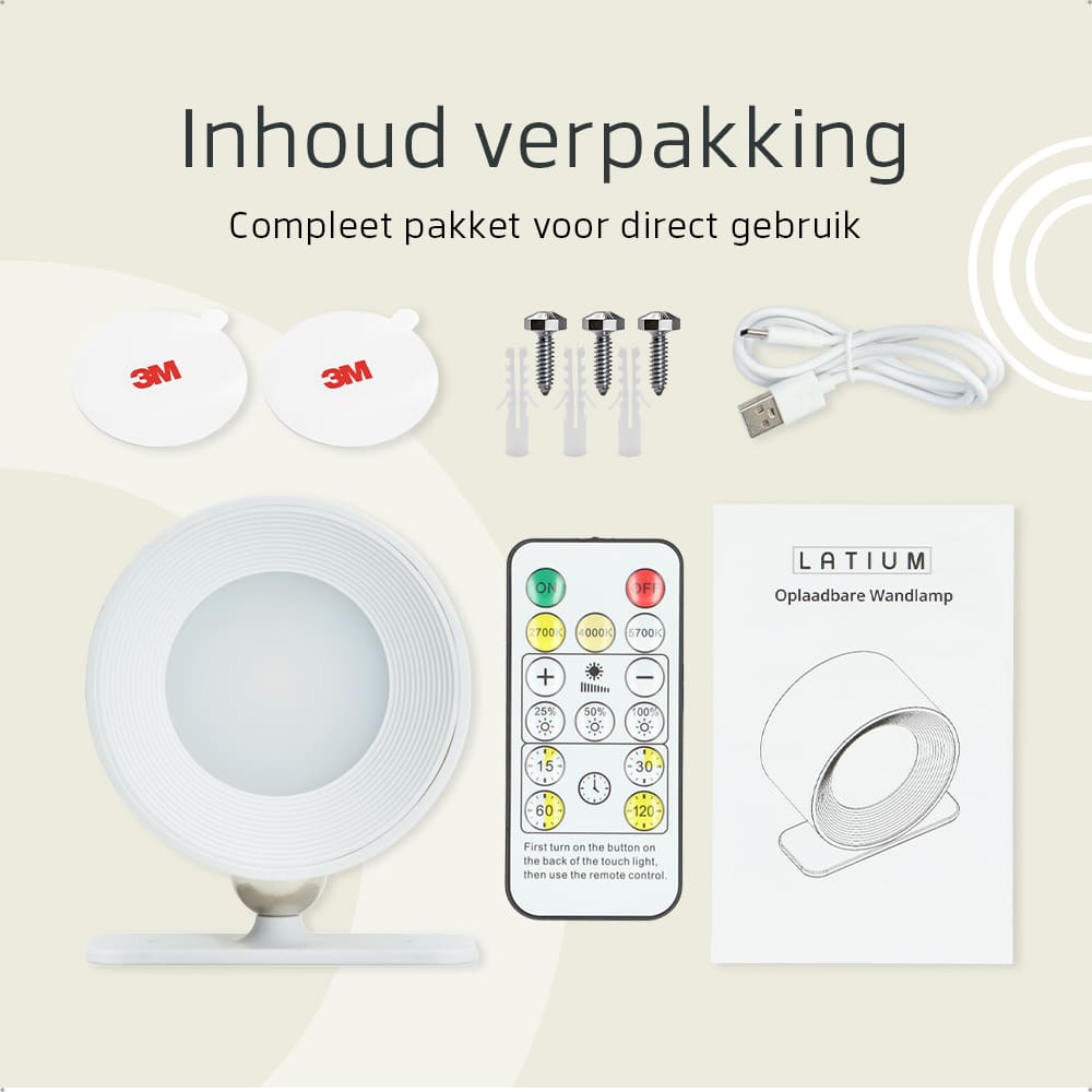 Latium Oplaadbare Wandlamp met Afstandsbediening - Rond Wit