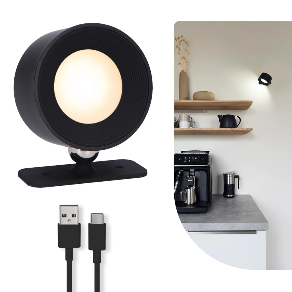 Latium Oplaadbare Wandlamp - Rond Zwart