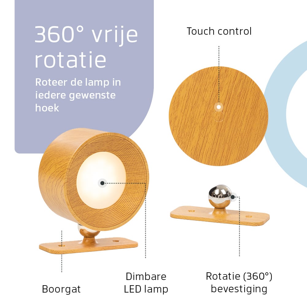 Latium Oplaadbare Wandlamp - Rond Houtlook