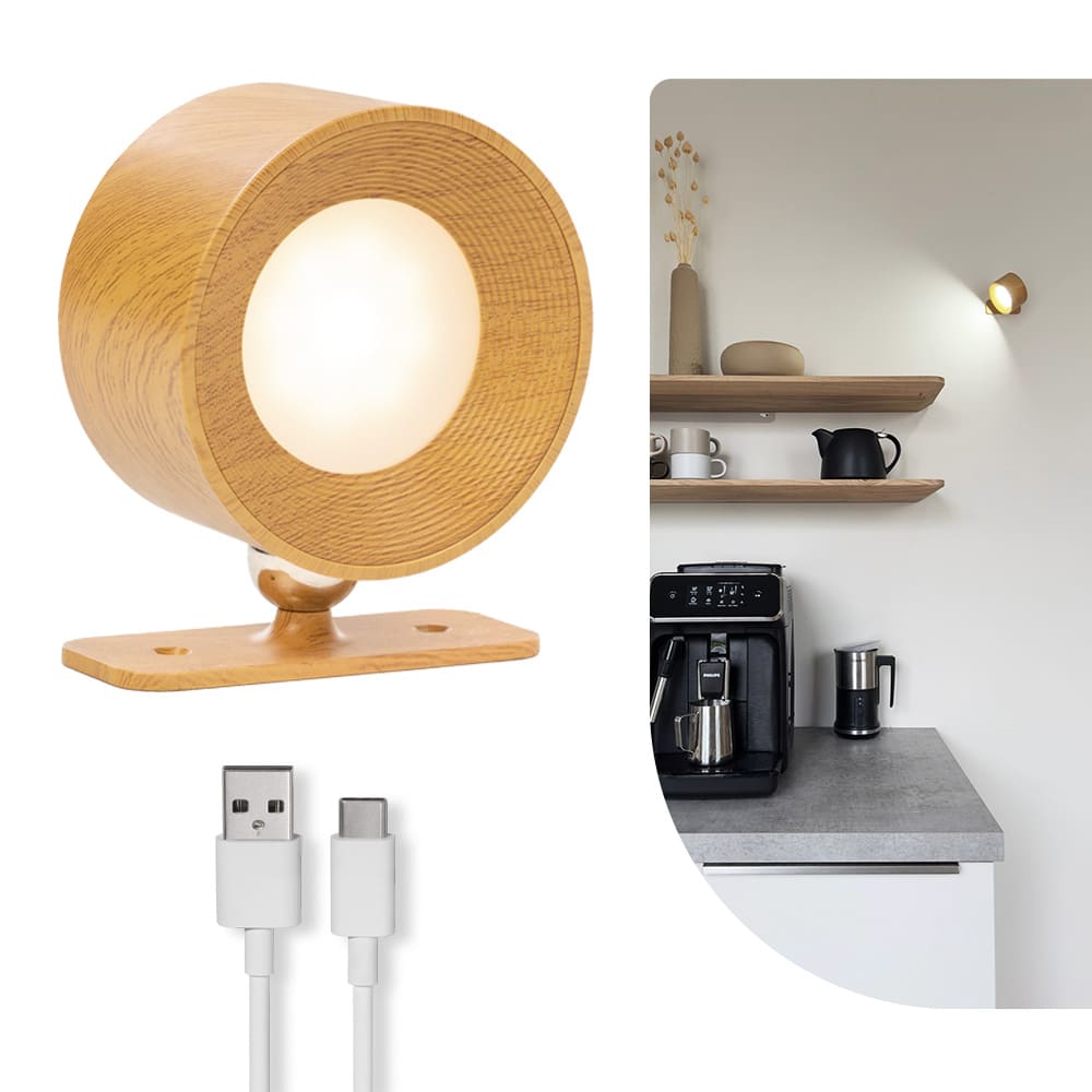 Ronde Oplaadbare Wandlamp Hout Look - Draadloze Verlichting voor Binnen | Latium