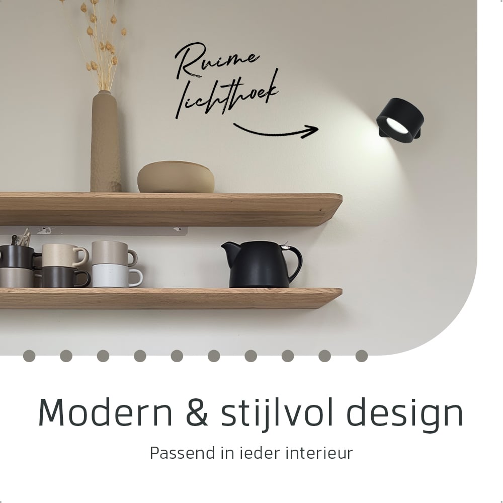 Ronde Oplaadbare Wandlamp Zwart -  Draadloze Verlichting voor Binnen | Latium