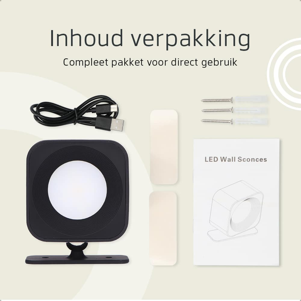 Vierkante Oplaadbare Wandlamp Zwart - Draadloze Verlichting voor Binnen | Latium