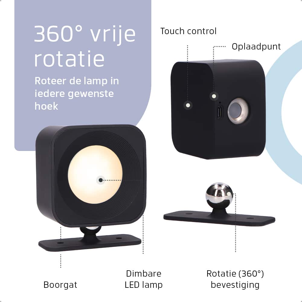 Vierkante Oplaadbare Wandlamp Zwart - Draadloze Verlichting voor Binnen | Latium