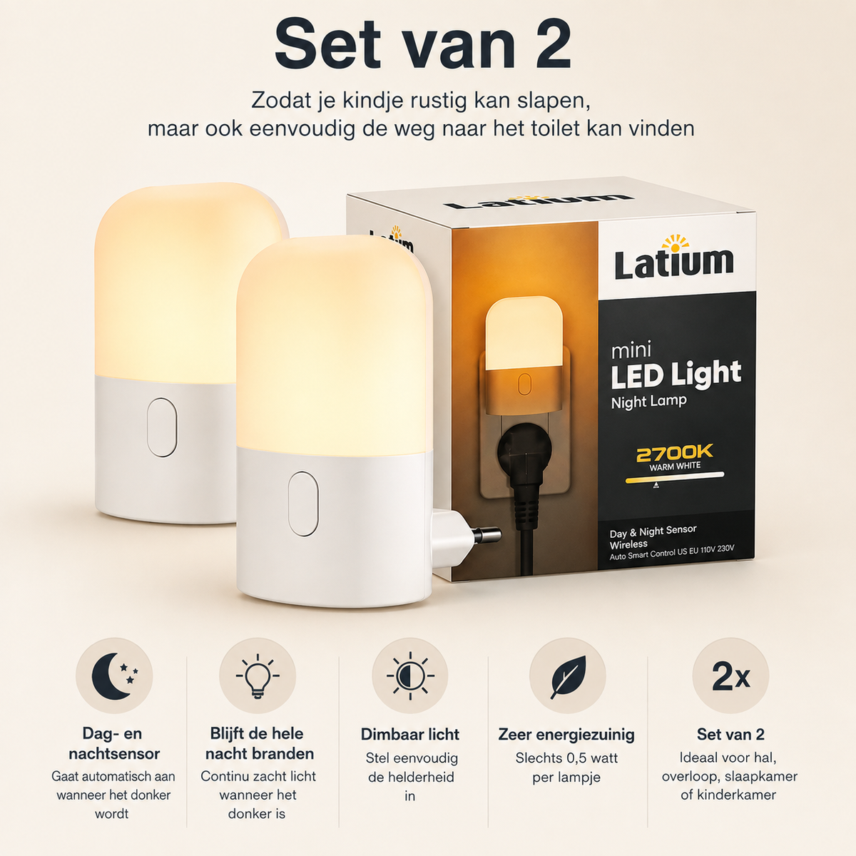 Latium Nachtlampje voor Stopcontact met Dag en Nacht Sensor