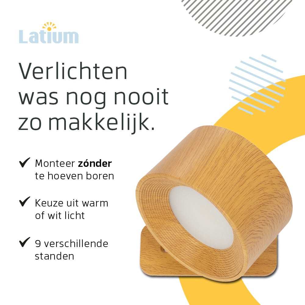 Ronde Oplaadbare Wandlamp Hout Look -  Draadloze Verlichting voor Binnen | Latium