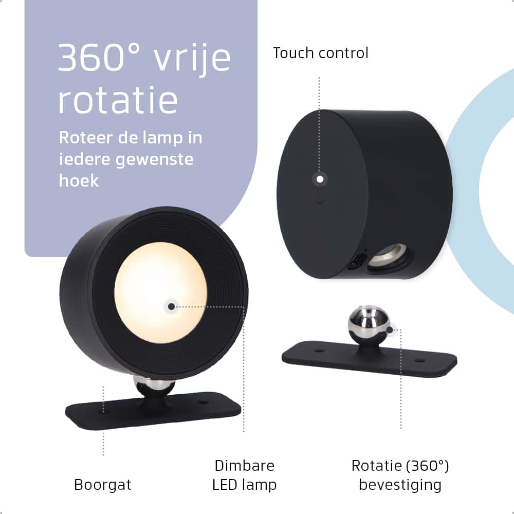 Ronde Oplaadbare Wandlamp Zwart -  Draadloze Verlichting voor Binnen | Latium